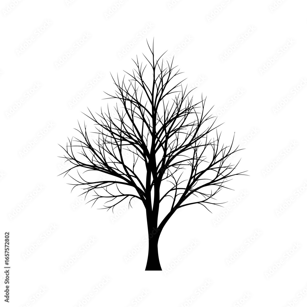 Poster a stark silhouette of a tree with bare branches against a plain white background in vector format