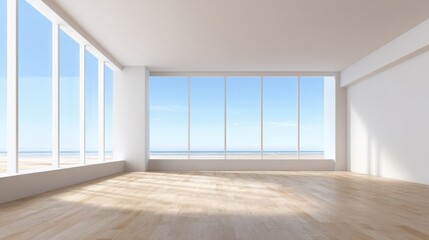 Obraz premium Bright Spacious Modern Empty Room with Floor to Ceiling Windows and Ocean View.