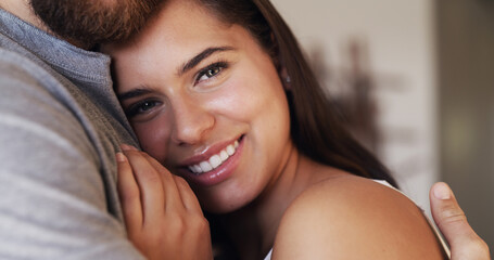 Woman, couple and hug for love and portrait with smile, trust and commitment in marriage. Care,...