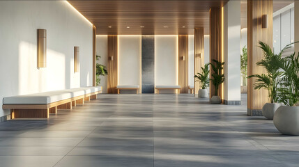 photorealistic spacious hotel lobby in a modern Zen spainspired style has wall scones white walls luxurious gray tile pine wood pillars and benches against the wal