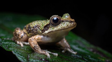 Obraz premium Close-up of a small detailed green and brown frog sitting on a leaf in dark background.