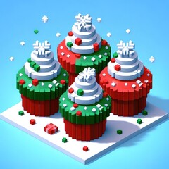 Christmas cupcake with holly berries and ribbon digital illustration concept decoration