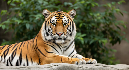 Fototapeta premium Majestic tiger portrait resting calmly with striking orange and black stripes in nature
