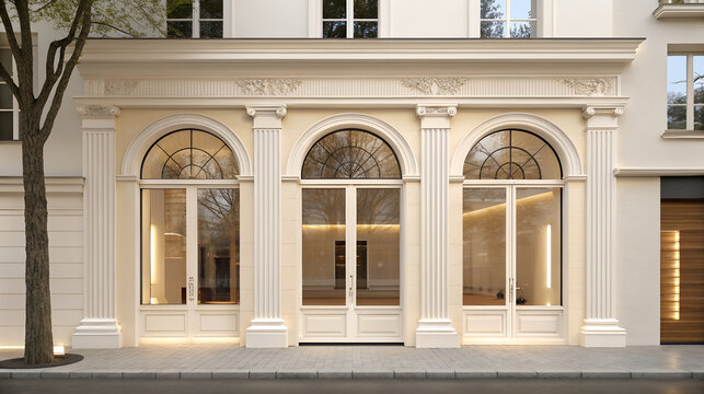 Elegant parisian storefront with ornate architectural details and large arched windows