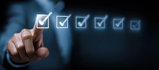 Hand interacts with glowing checkboxes, symbolizing task completion and progress