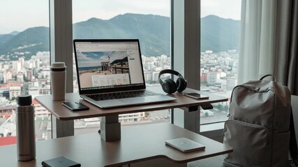 Modern workspace with laptop, city view, and travel vibe