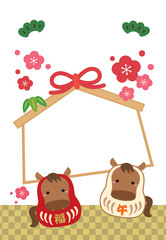 2026年午年の干支だるまと絵馬のフォトフレーム年賀状/縦04・文字なし