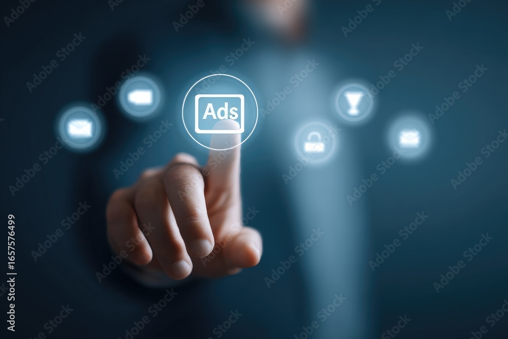 Poster engaging user interaction with digital ads online environment graphic content innovative technology 