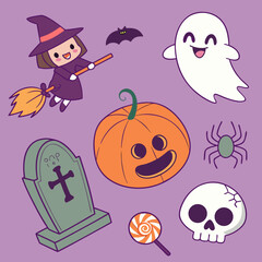 Cute halloween characters and symbols on a purple background