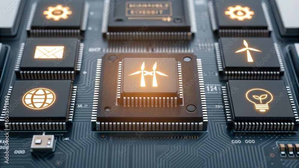 Aufkleber net zero economy a computer circuit board featuring various icons representing technology and innova