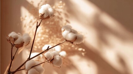 Close-up of cotton plant with fluffy white cotton bolls on stems in natural light.