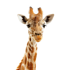 Naklejka premium Giraffe Head Portrait. Tall Animal Face Stares From Savanna Background