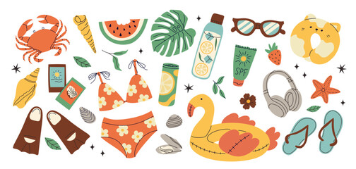 Cartoon set of summer with icons and stickers. Collection flat elements for vacation, beach holiday, weekend and summer time concept. Hand drawn modern items, signs for card, scrapbooking, print
