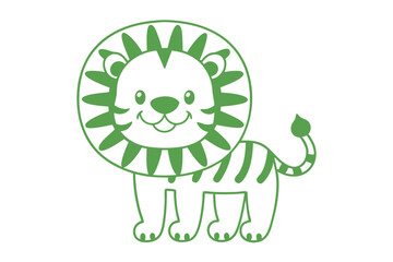 An adorable cartoon lion stands outlined in green color against a white background