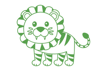 A green linear lion stands isolated, with a striped body and happy expression