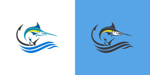 Marlin Fish Jumping Out of Ocean Waves Simple Fishing Logo. Marlin and wave Vector Icon .