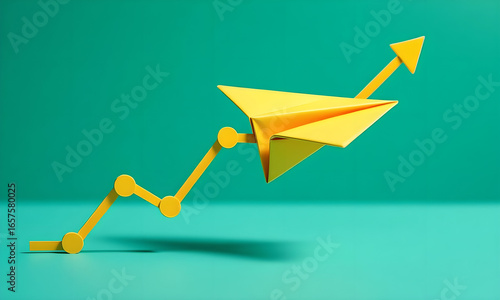 Yellow Paper Airplane Soaring Upward on Growth Chart - Business Concept