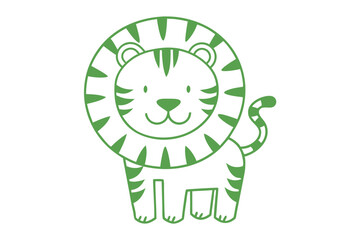 A cute cartoon tiger with green lineart stands smiling on a white background