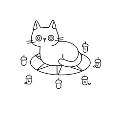 A cat is sitting on a pentagram with candles around it