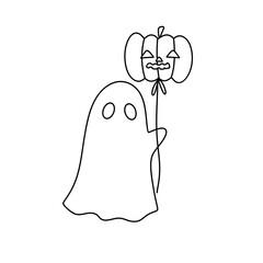 A ghost holding a pumpkin and a balloon