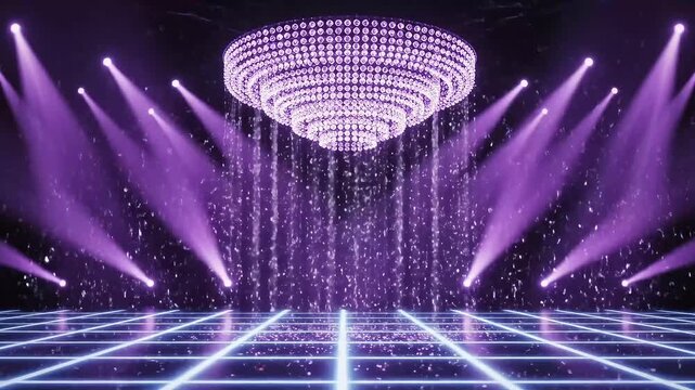 Stunning purple spotlights illuminate a dazzling crystal chandelier over a futuristic grid floor, perfect for events and nightlife.