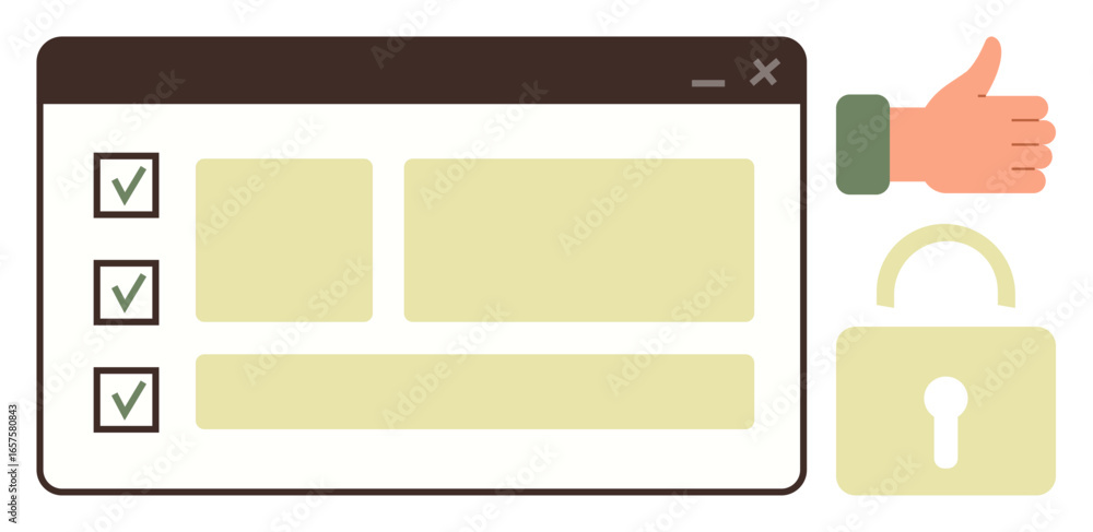 Aufkleber browser window with checklist showing completed tasks, lock for privacy, and thumbs-up for approval.