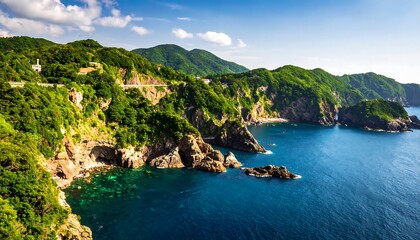 Naklejka premium Lush green coastal cliffs meet deep blue ocean under a bright blue sky with scattered clouds.