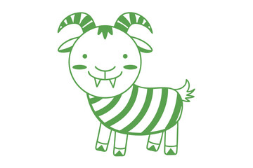 Cartoonish green goat smiles with friendly face, featuring stripes, horns, and small fangs