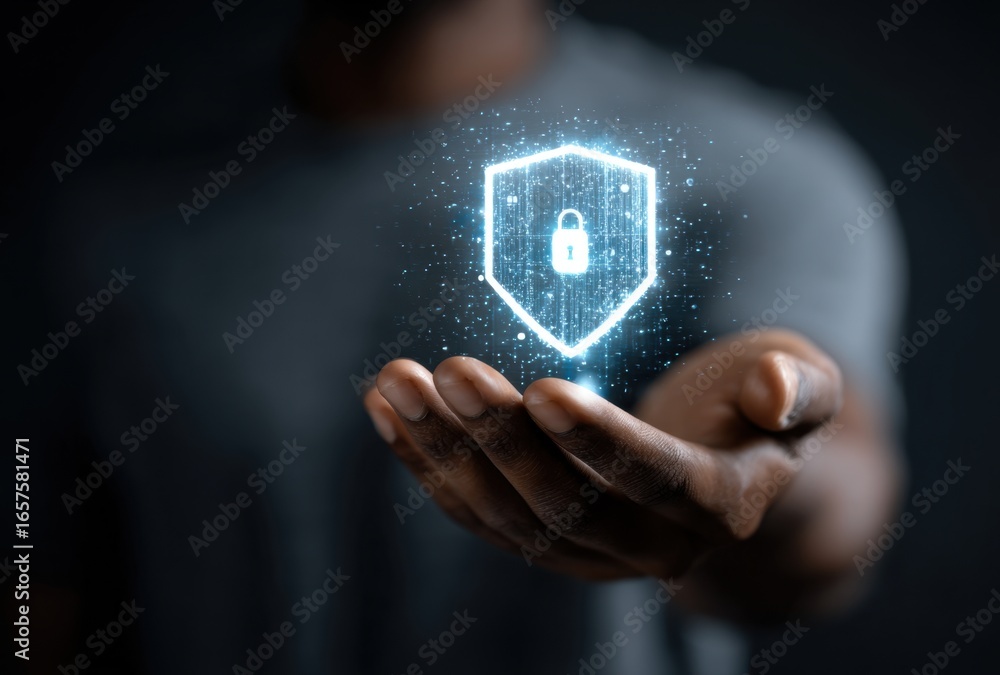 Poster close-up of a hand holding a glowing digital shield icon representing cybersecurity and data protect