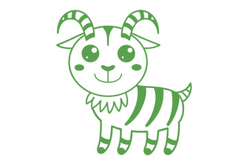 A cheerful green cartoon goat smiles, featuring striking stripe patterns and curly horns