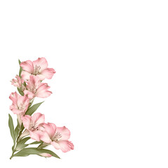 Fototapeta premium Pink and green floral corner border frame featuring delicate flowers and elegant leaves