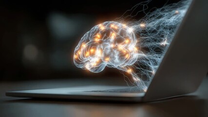 The laptop's brain network projection explodes.  AI signal data causes the lines of neurones to light.  Modern technology emphasises digital connections. - Powered by Adobe