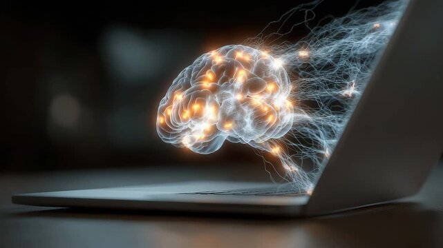 The laptop's brain network projection explodes.  AI signal data causes the lines of neurones to light.  Modern technology emphasises digital connections. - Powered by Adobe
