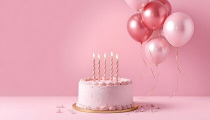 A pale pink cake with candles on a pink background, surrounded by balloons. 4K and HD