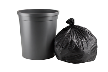 Gray plastic trash can and black garbage bag