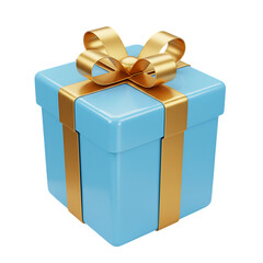 Obraz premium 3d icon of blue gift box with golden ribbon and bow isolated on transparent background