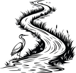 Obraz premium Elegant heron stands by winding river through lush reeds, evoking serene natural beauty and peaceful wildlife encounters.
