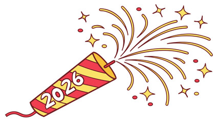 Festive red and yellow firecracker exploding with stars and confetti celebrating the year 2026