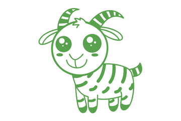 Cheerful green goat with big eyes stands cheerfully, outlined against clean white space
