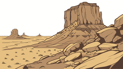 Stylized illustration of iconic desert buttes and rock formations under a clear sky