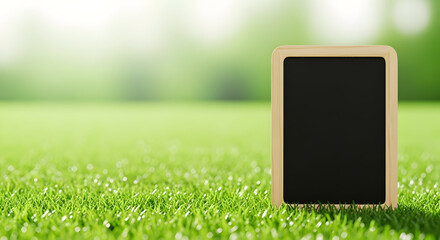 Blackboard on Green Grass Area for Ecological Message Healthy Environment Sustainable Sign. Copy Space Natural Scene