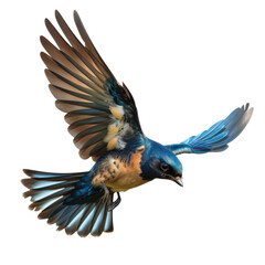 Obraz premium Vibrant blue and brown bird in flight. Detailed wings outstretched