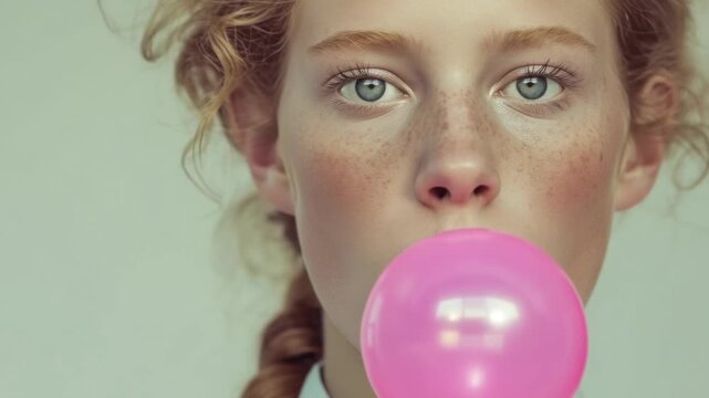 Young girl blowing bubble gum with striking features and braided hair in a neutral background capturing a playful moment of expression in an indoor setting