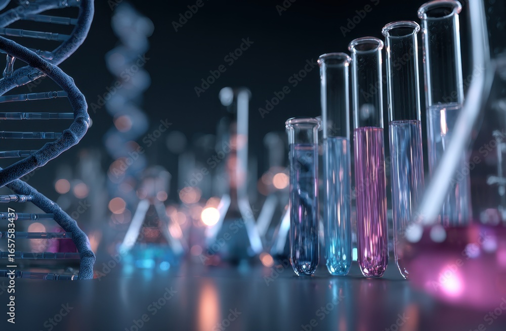 Poster close-up of colorful laboratory test tubes filled with vibrant liquids arranged on a reflective in a