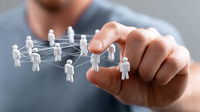 Network of Human Connection: A close-up shot focuses on a hand carefully connecting figures in a digital network of linked representations, signifying collaboration, networking.
