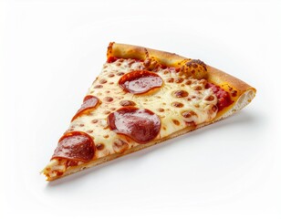 Fresh Pizza Slice with Cheese and Toppings on White Background