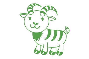 Adorable green outlined goat with a cute face and striped horns is standing