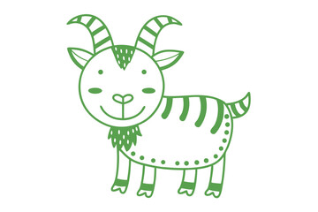 Adorable green outline drawing shows a charming cartoon goat with striped horns