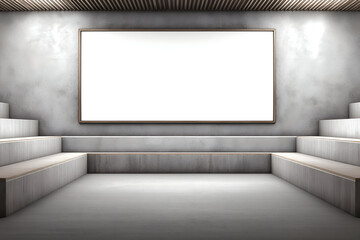 Blank White Presentation Board Displayed in Modern Gray Auditorium. Mock up promotion information for marketing announcements and details, blank white space.