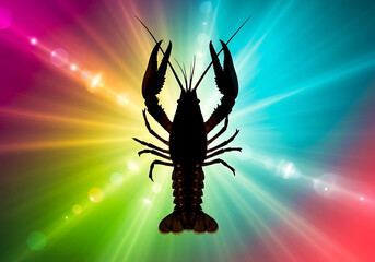 Silhouette of a crayfish against a vibrant starburst background